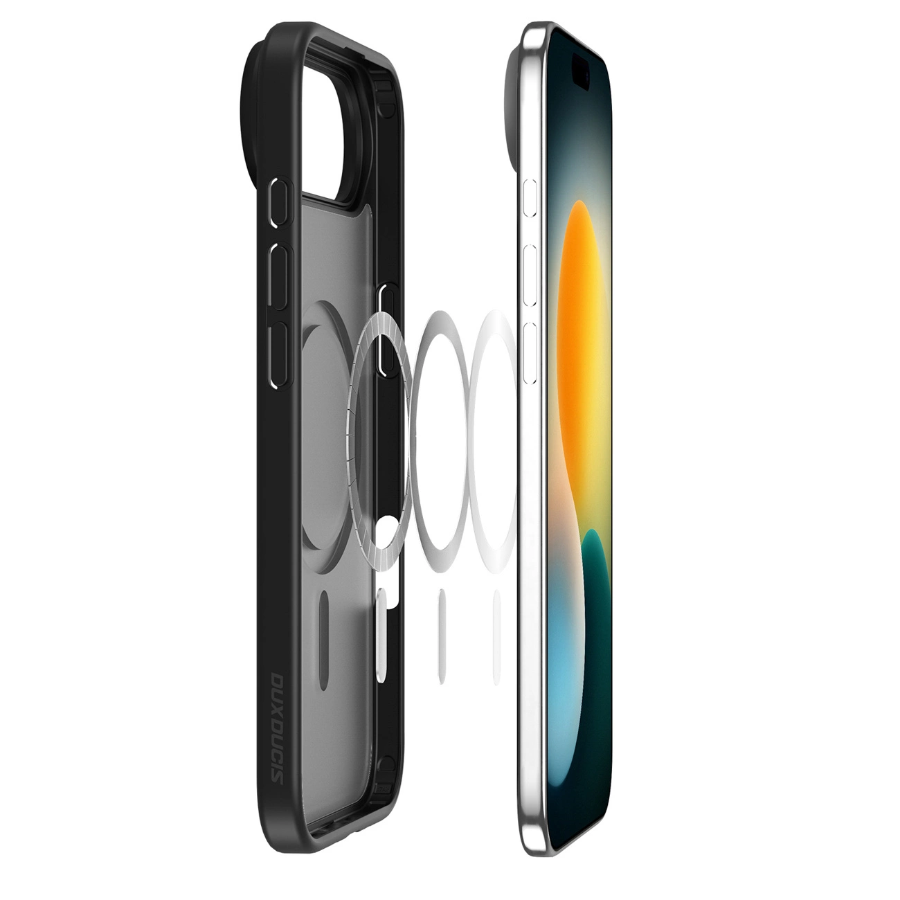 Smartphone und schwarze Schutzhülle mit magnetischem Ring auf weißem Hintergrund.