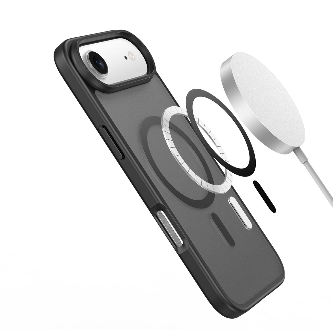 Eine schwarze Smartphone-Hülle mit MagSafe-Ringen und einem kabellosen Ladegerät in der Luft auf weißem Hintergrund.