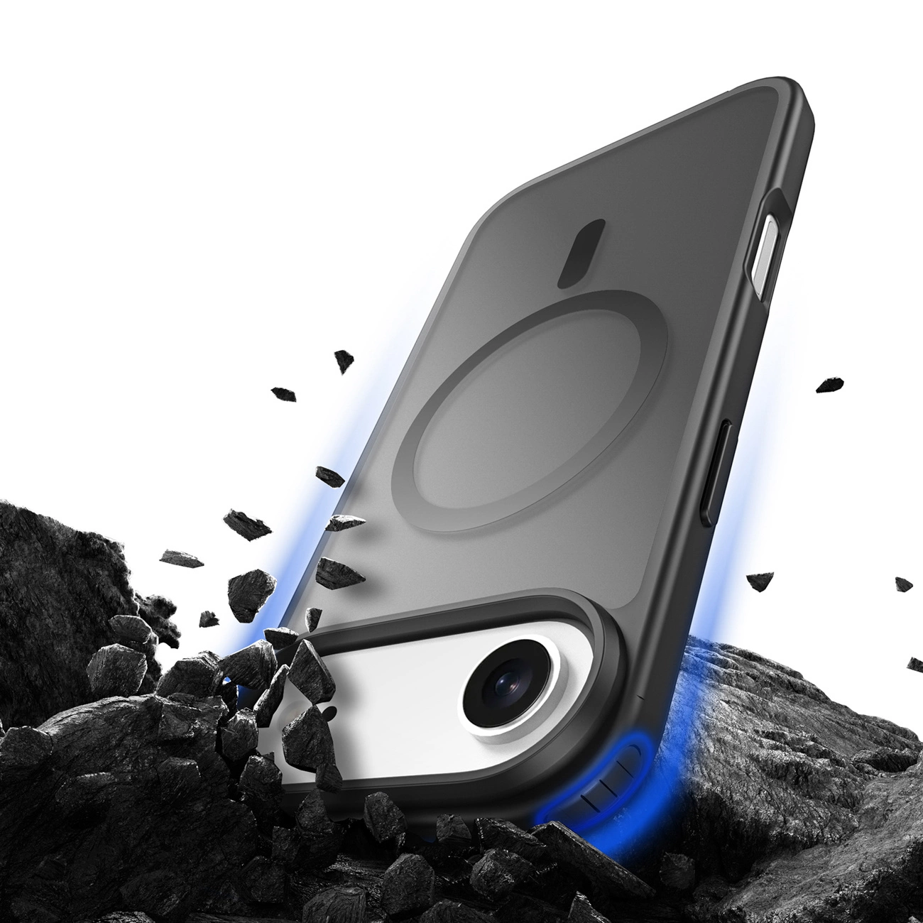 Ein schwarzes Smartphone in einer Schutzhülle steht inmitten fliegender dunkler Felsen vor weißem Hintergrund.