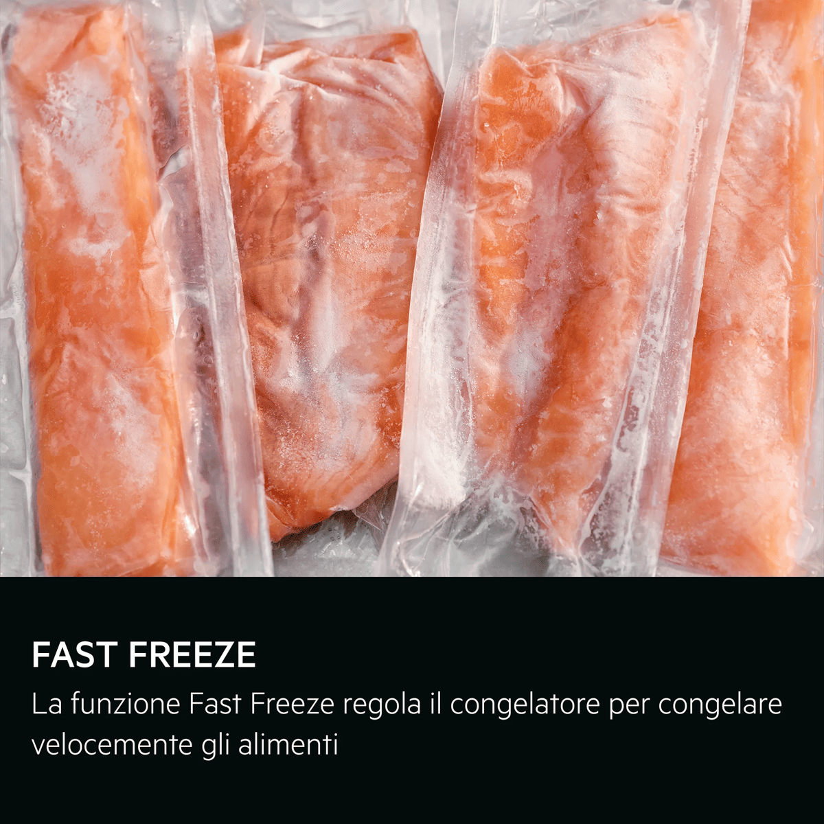 Cuatro filetes de salmón congelados y envasados al vacío con texto abajo.