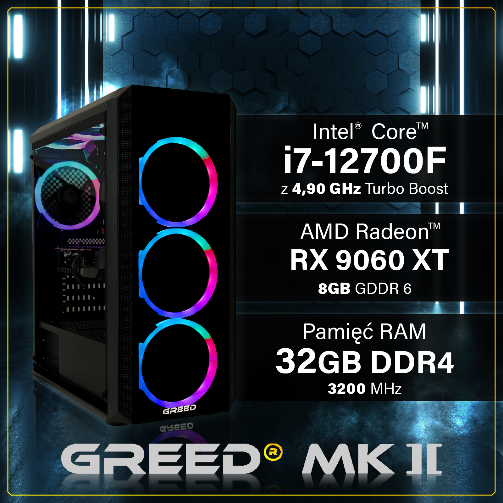 Komputer gamingowy z wentylatorami RGB i specyfikacją techniczną na ciemnym tle.