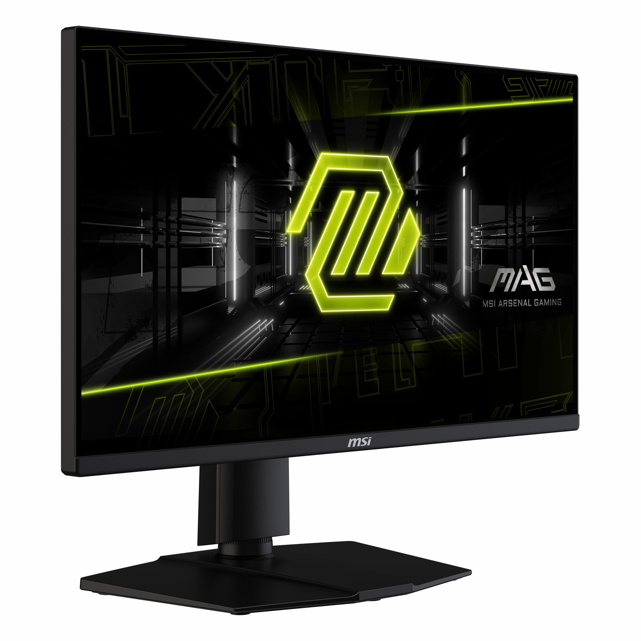 Monitor da gioco nero MSI MAG con logo giallo brillante sullo schermo su sfondo scuro.
