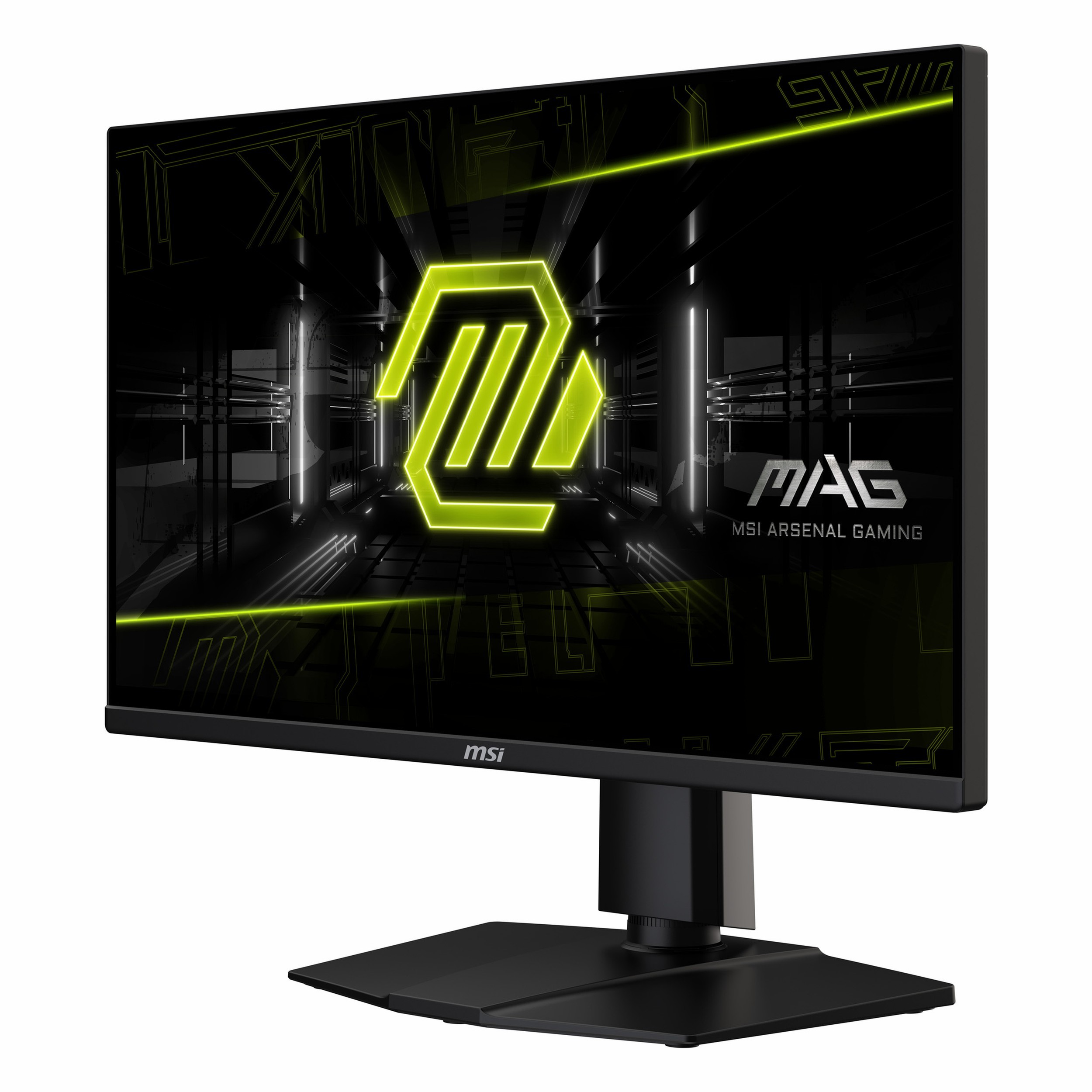 Un monitor da gioco MSI con supporto nero e logo illuminato sullo schermo.