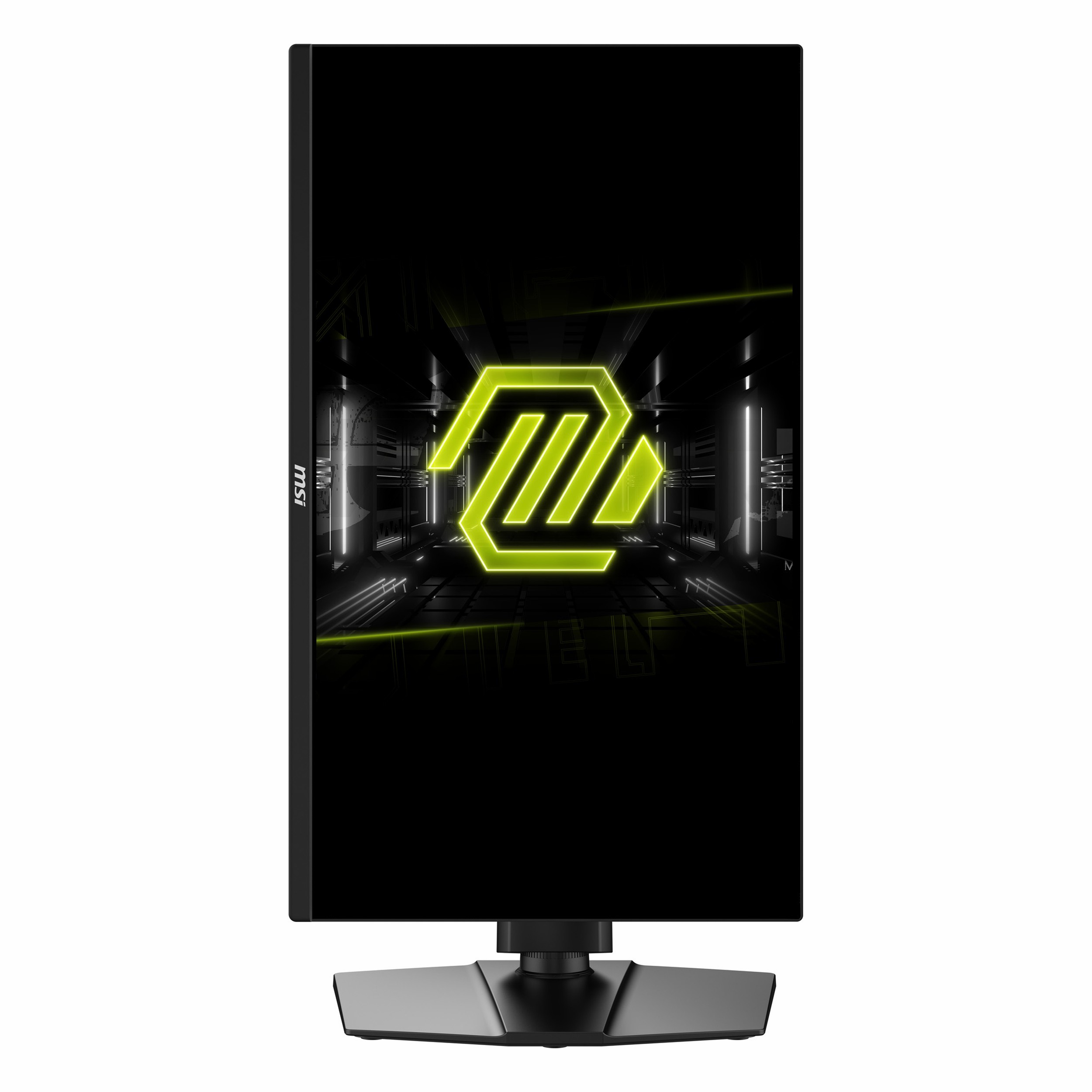 Un monitor MSI verticale che mostra un logo giallo luminoso su uno sfondo futuristico.