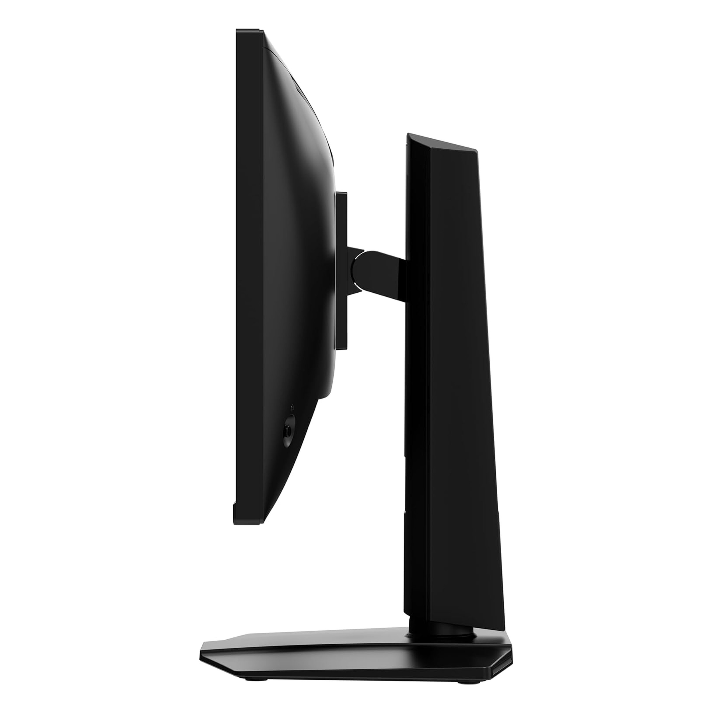 Vista laterale di un monitor per computer nero su supporto, con sfondo bianco.