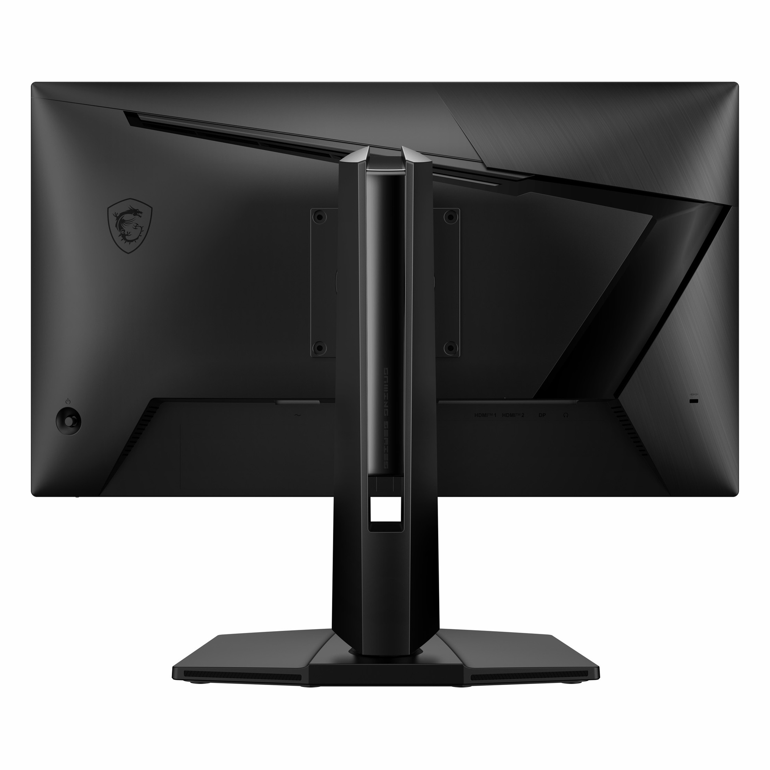 Vista posteriore di un monitor per computer MSI nero su supporto, su sfondo bianco.