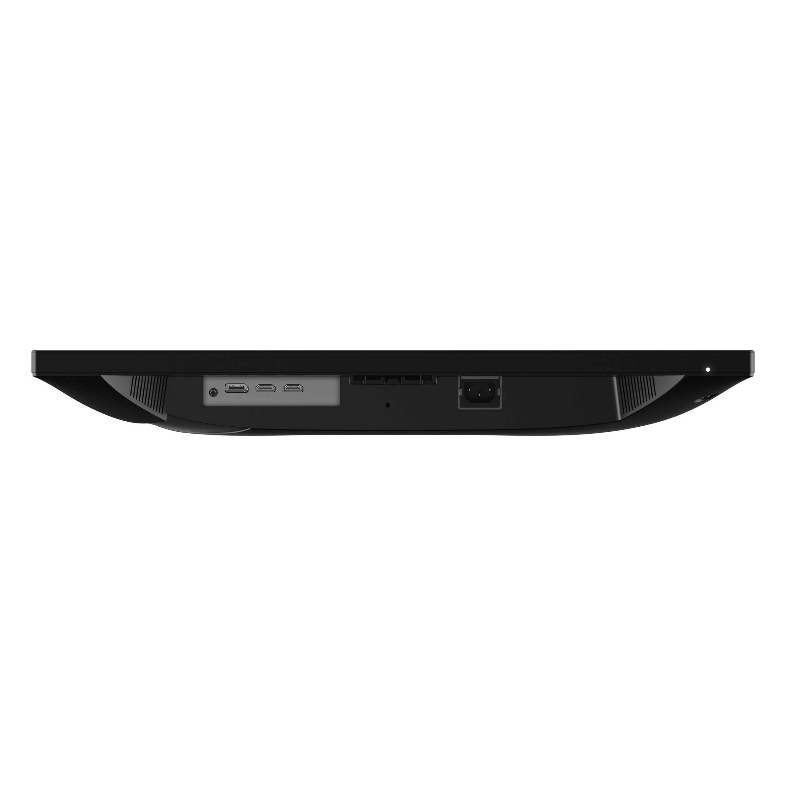 Vista dal basso di un monitor nero con varie porte e una presa di corrente.