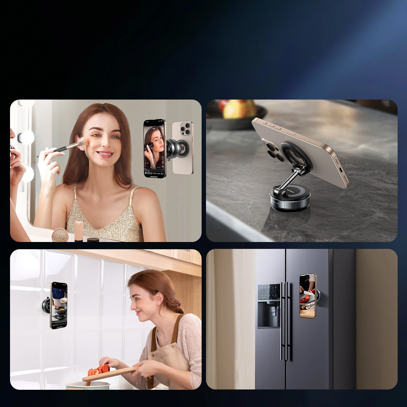 Un support de téléphone magnétique maintenant des smartphones dans divers endroits comme un miroir et un frigo.