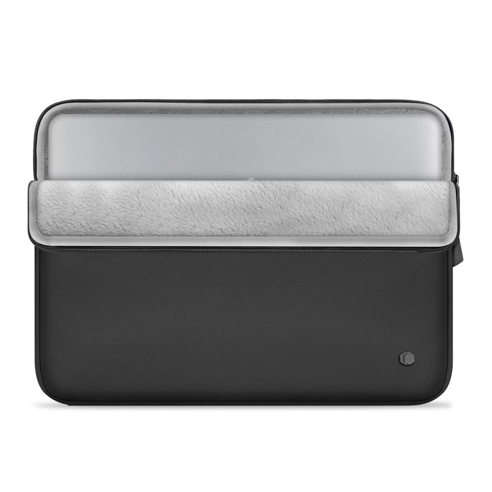 A black laptop sleeve with a soft, fuzzy light-gray interior holding a silver laptop.