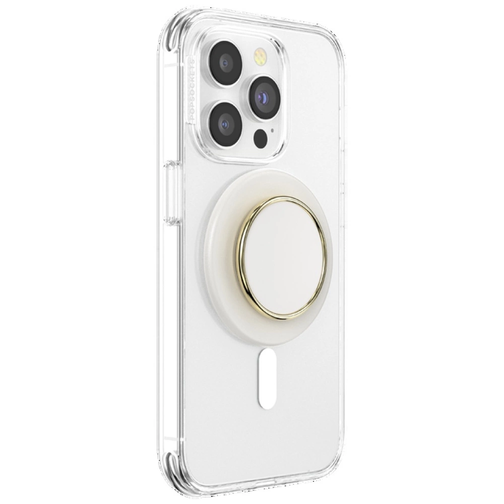 Una custodia trasparente per iPhone con un anello di supporto magnetico bianco con bordo dorato sul retro.