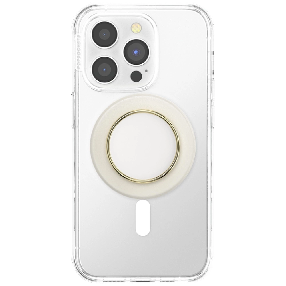 Una custodia trasparente per smartphone con un supporto ad anello magnetico rotondo beige e dorato.