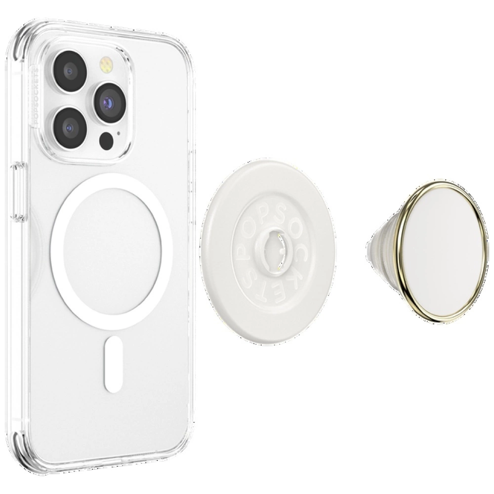 Custodia trasparente per telefono con PopSocket bianco rimovibile e bordo dorato.