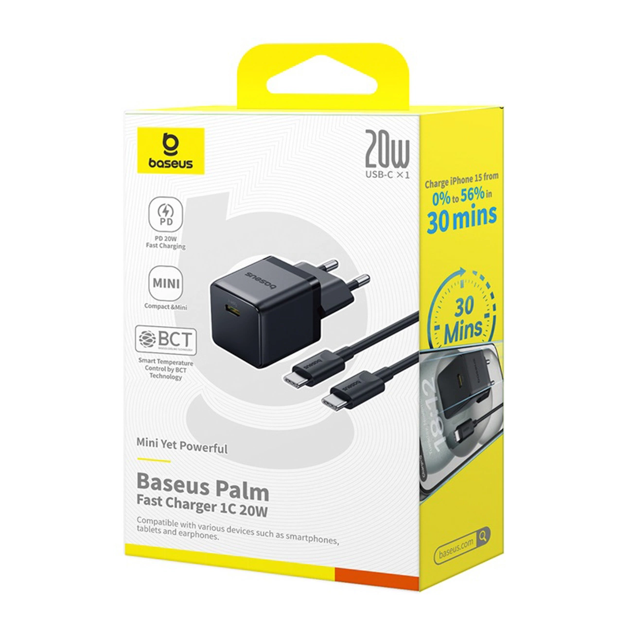 Confezione gialla e bianca del caricatore rapido Baseus Palm 20W con cavo e spina USB-C.