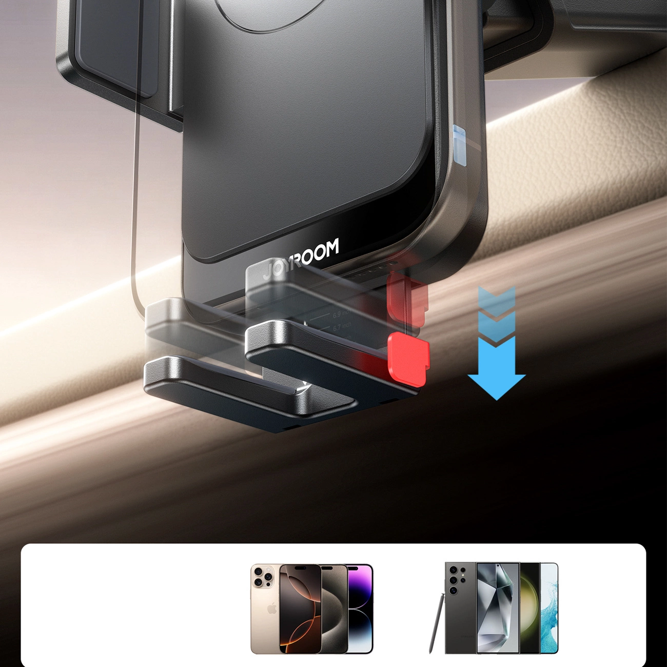 Un supporto per auto Joyroom nero con base regolabile e icone di compatibilità per vari smartphone.