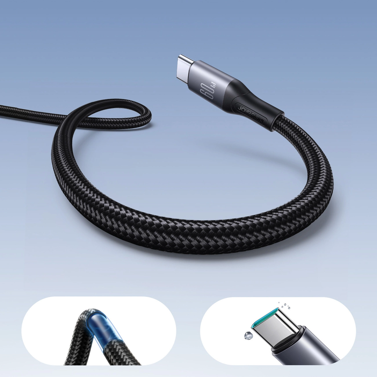 Ein schwarzes geflochtenes USB-C-Kabel mit Metallstecker vor blauem Hintergrund und zwei Detailbildern unten.
