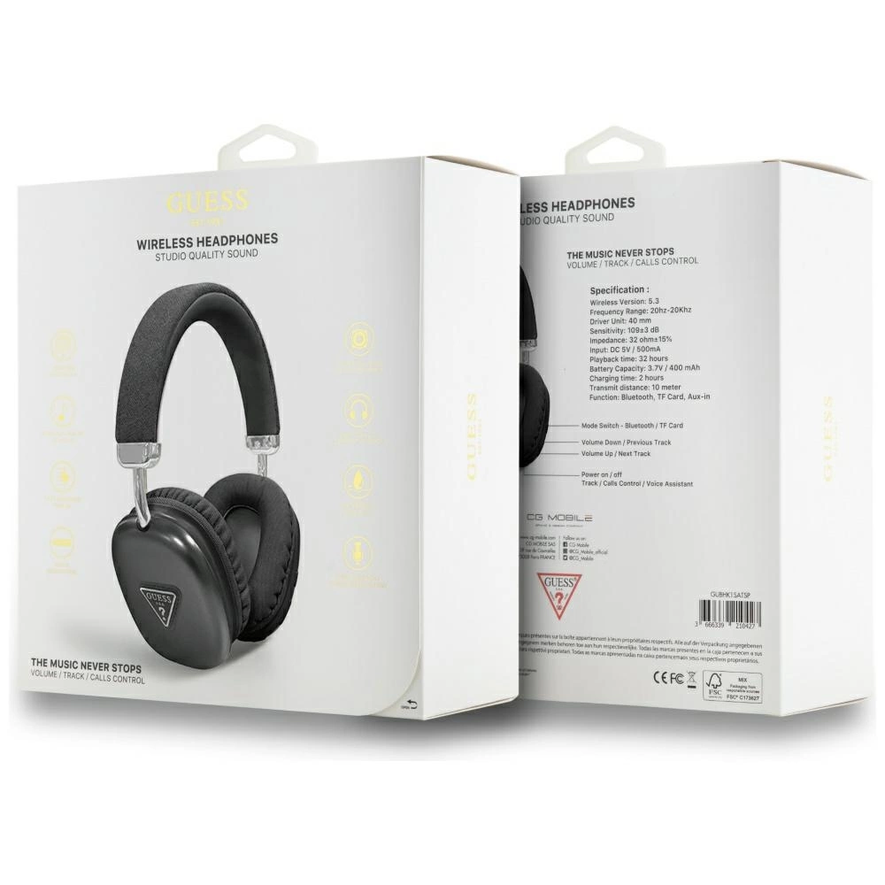 Scatola bianca di cuffie wireless Guess con cuffie nere over-ear e specifiche tecniche.