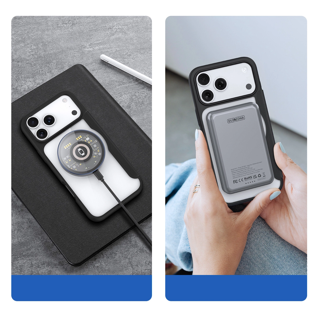 Ein Smartphone in einer Hülle mit magnetischem kabellosen Ladegerät, auf einer grauen Oberfläche liegend und gehalten.