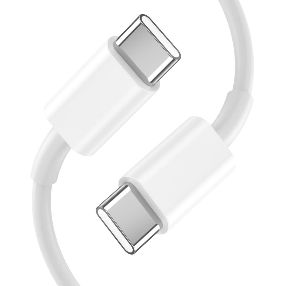 Deux embouts de câble USB-C blancs avec connecteurs argentés sur fond blanc.