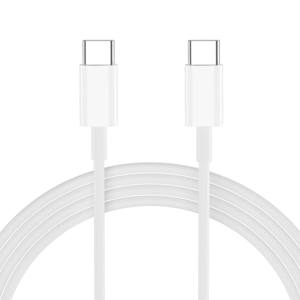 Un câble USB-C blanc avec deux connecteurs sur fond blanc.