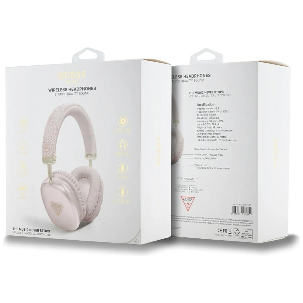 Deux boîtes de casque sans fil Guess blanches avec image de produit et spécifications.