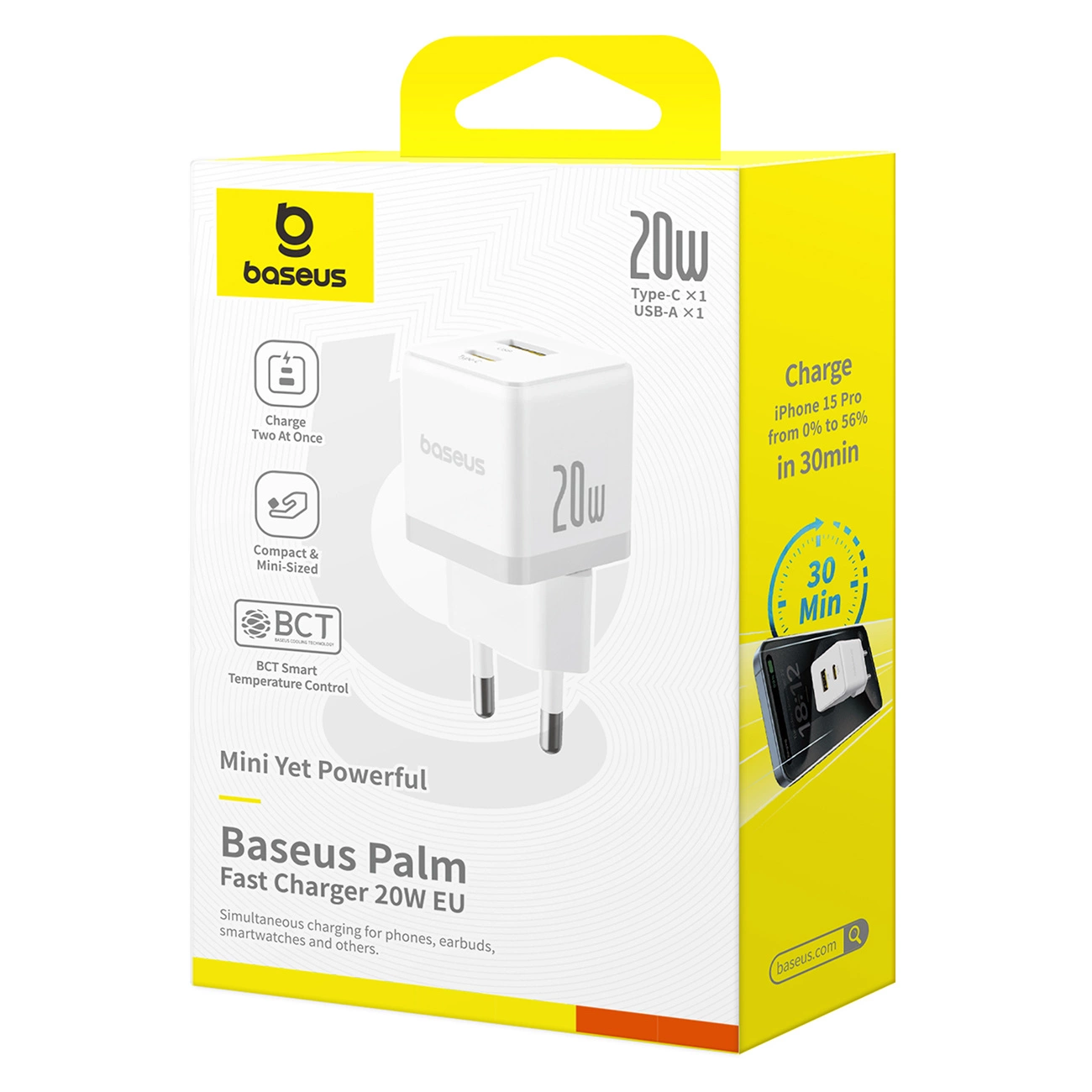 Scatola di imballaggio del caricatore rapido Baseus 20W EU giallo e bianco con l'immagine del caricatore bianco.