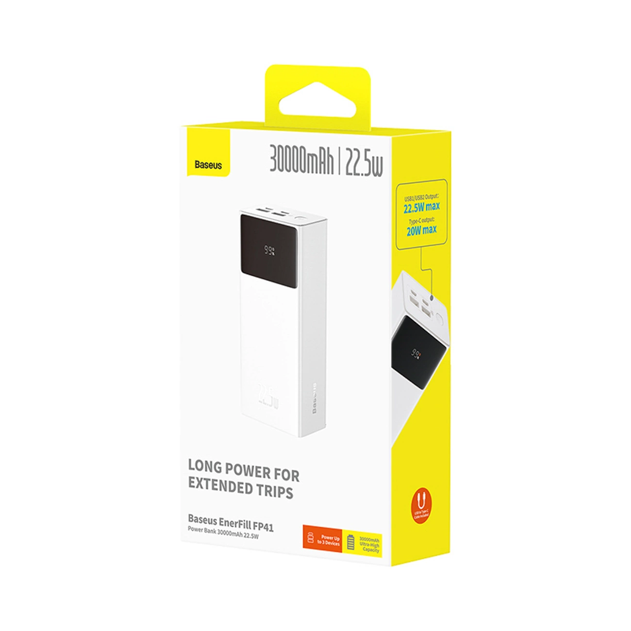 Scatola power bank bianca Baseus EnerFill FP41 con capacità di 30000mAh e uscita 22,5W.