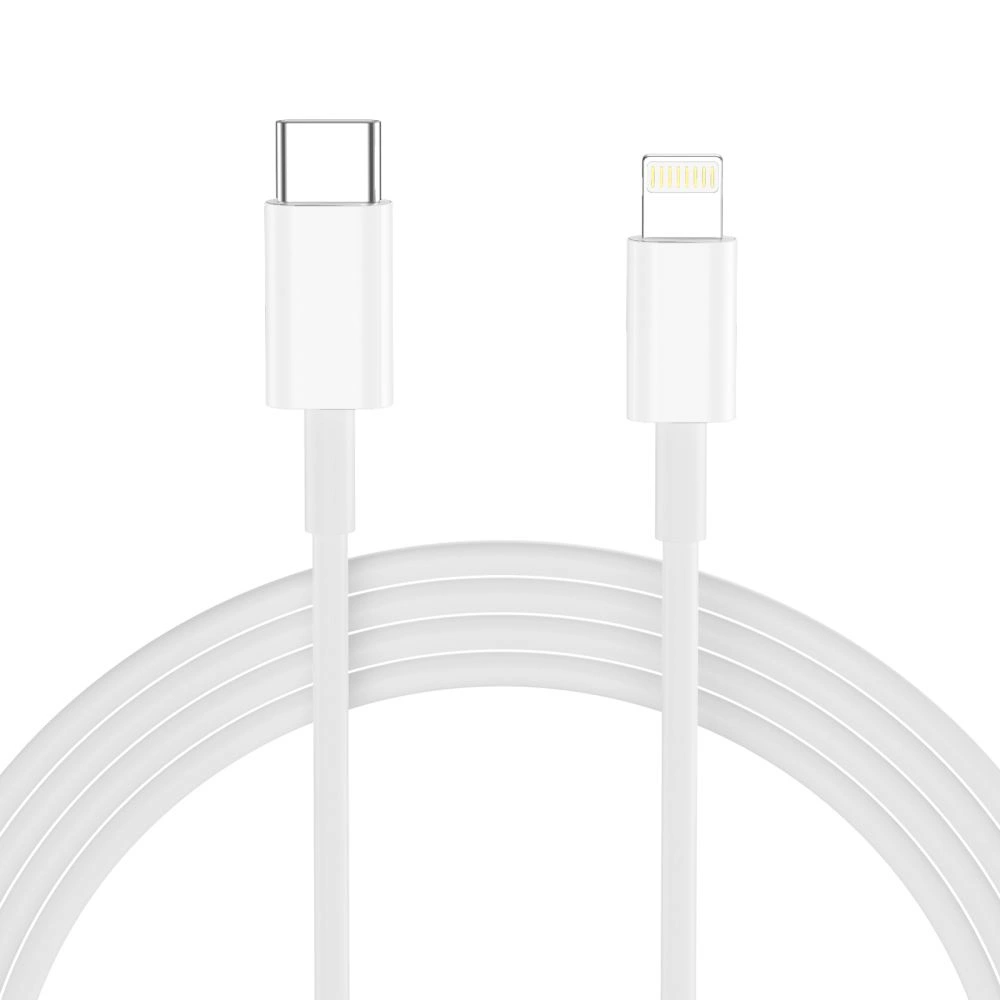 Un câble blanc USB-C vers Lightning sur fond blanc.