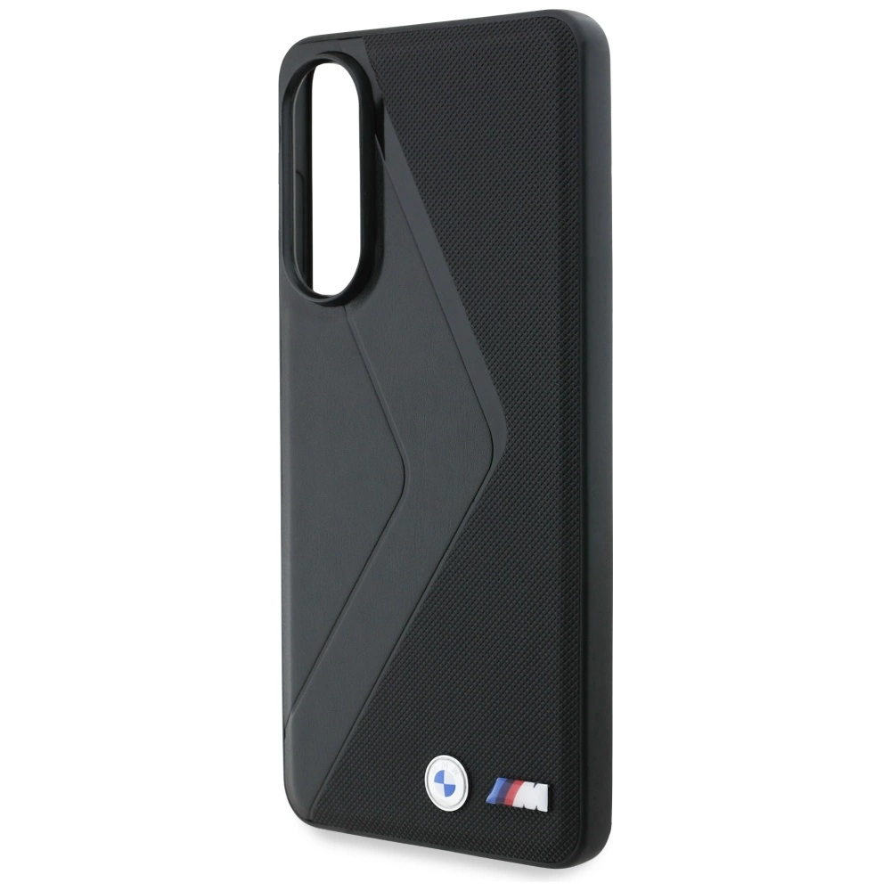 Custodia per telefono BMW nera con motivo testurizzato, linea a V, ritaglio fotocamera e logo M.