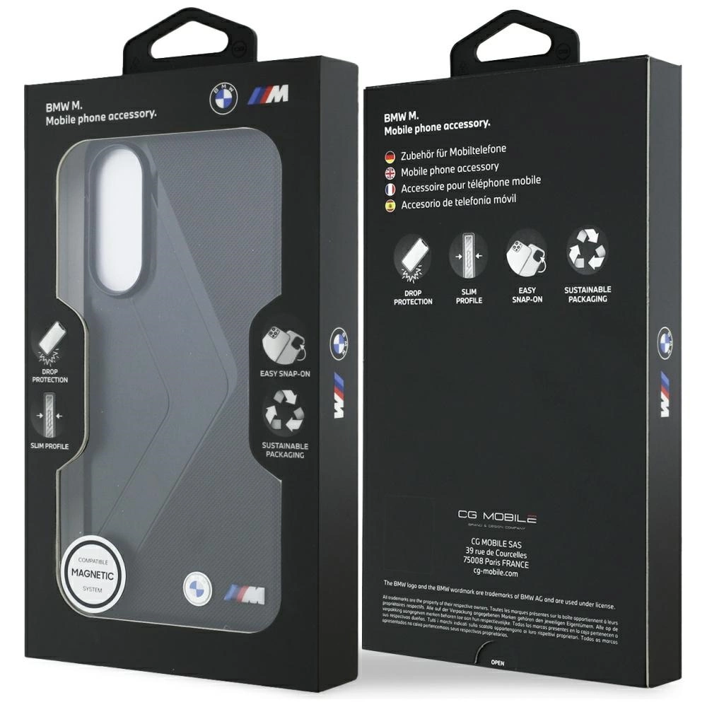 Scatola nera per custodia telefono BMW M con logo, icone di protezione e caratteristiche sul davanti e sul retro.
