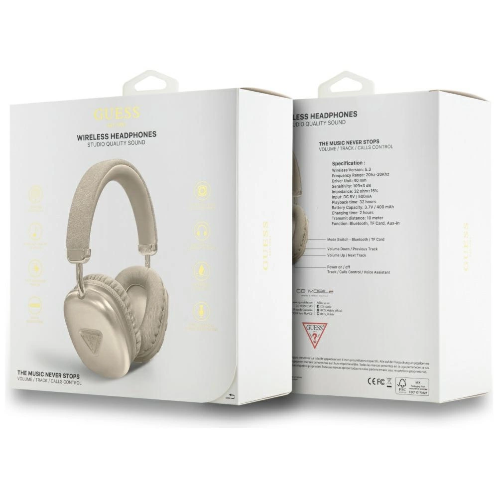 Confezione bianca per cuffie wireless Guess con l'immagine del prodotto sul davanti e le specifiche sul retro.