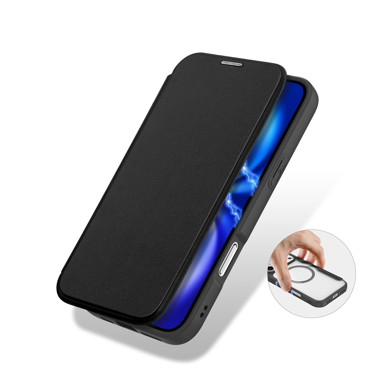 Ein schwarzes Leder-Flipcase für Smartphones mit blauem Bildschirm und Detailansicht der Hülle.