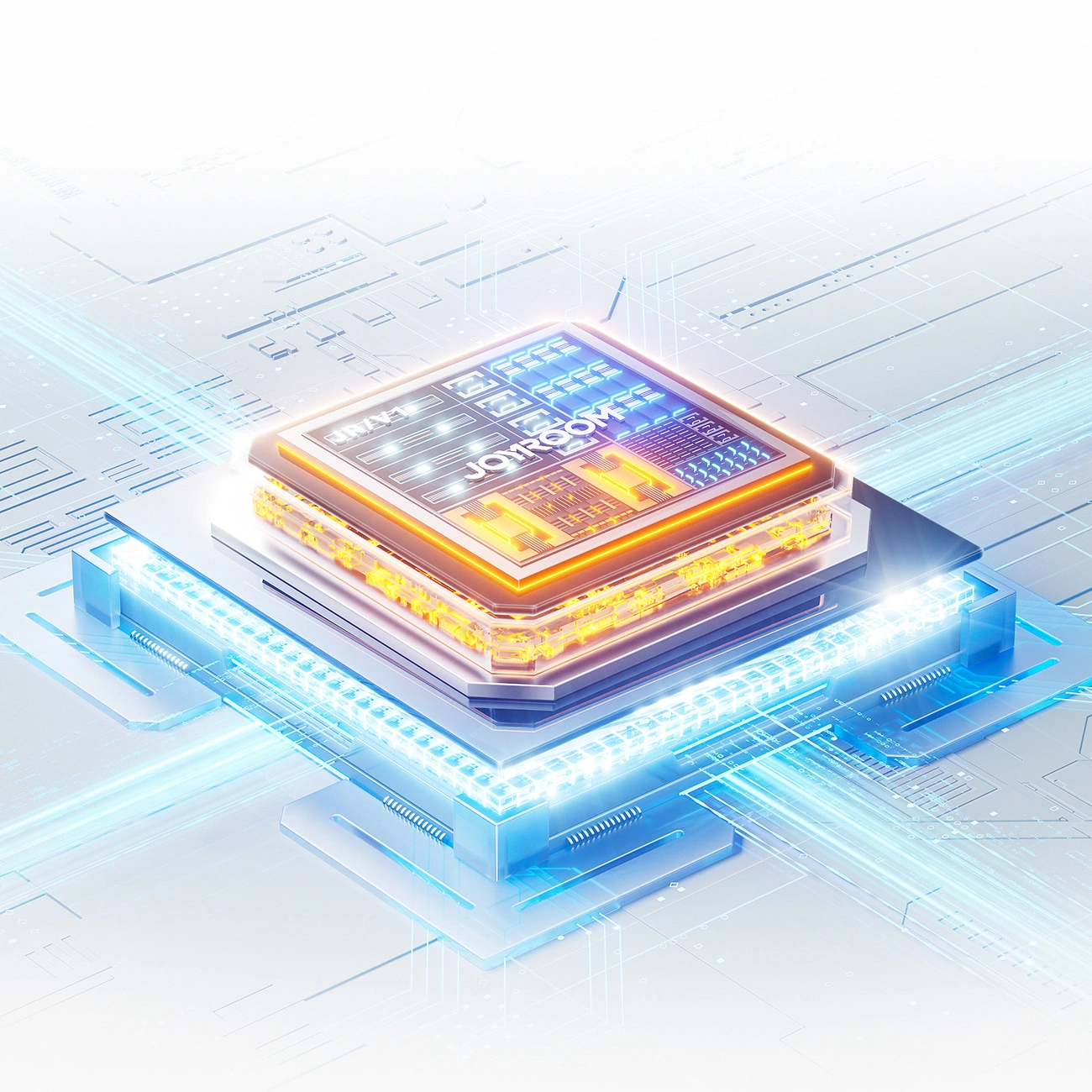 Ein leuchtender Mikrochip auf einer Platine mit hellen blauen und gelben Lichtlinien.