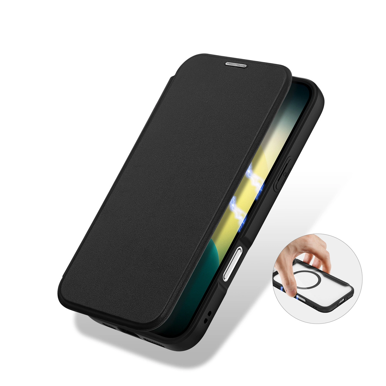 Ein schwarzes Leder-Smartphone-Flip-Cover mit sichtbarem Bildschirm und einem Inset, das eine Hand zeigt.