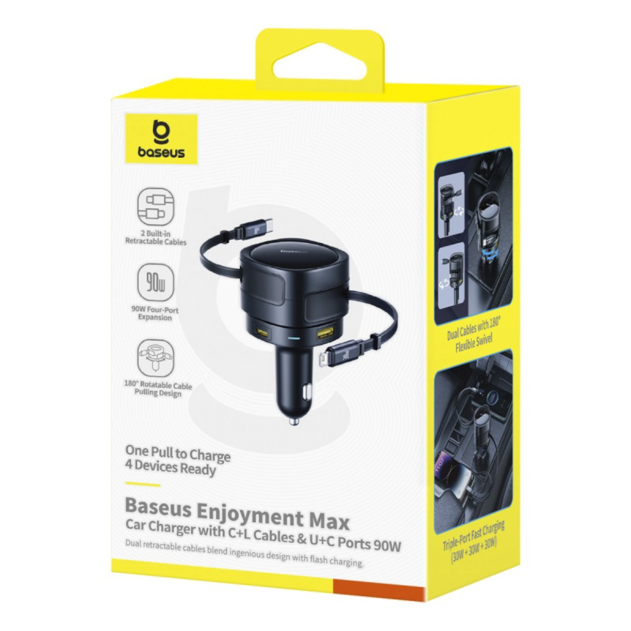 Caricabatterie per auto Baseus Enjoyment Max in confezione gialla e bianca con due cavi retrattili e porte USB.