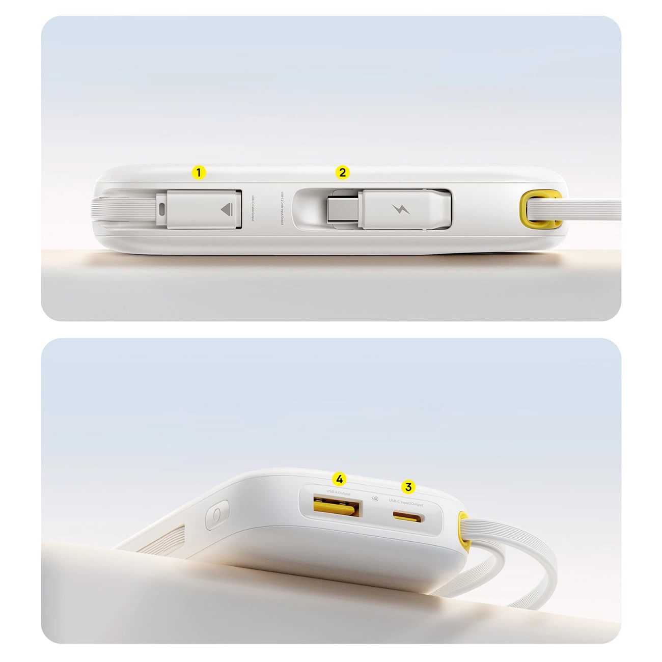 Power bank bianco con cavi e porte USB-C integrati, numerati da uno a quattro su sfondo chiaro.