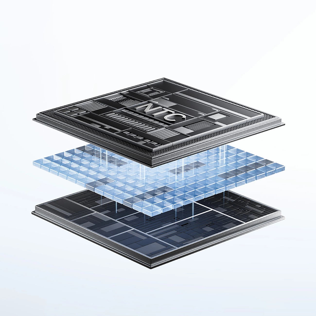 Una vista esplosa di un microchip NTC con tre strati impilati su sfondo bianco.