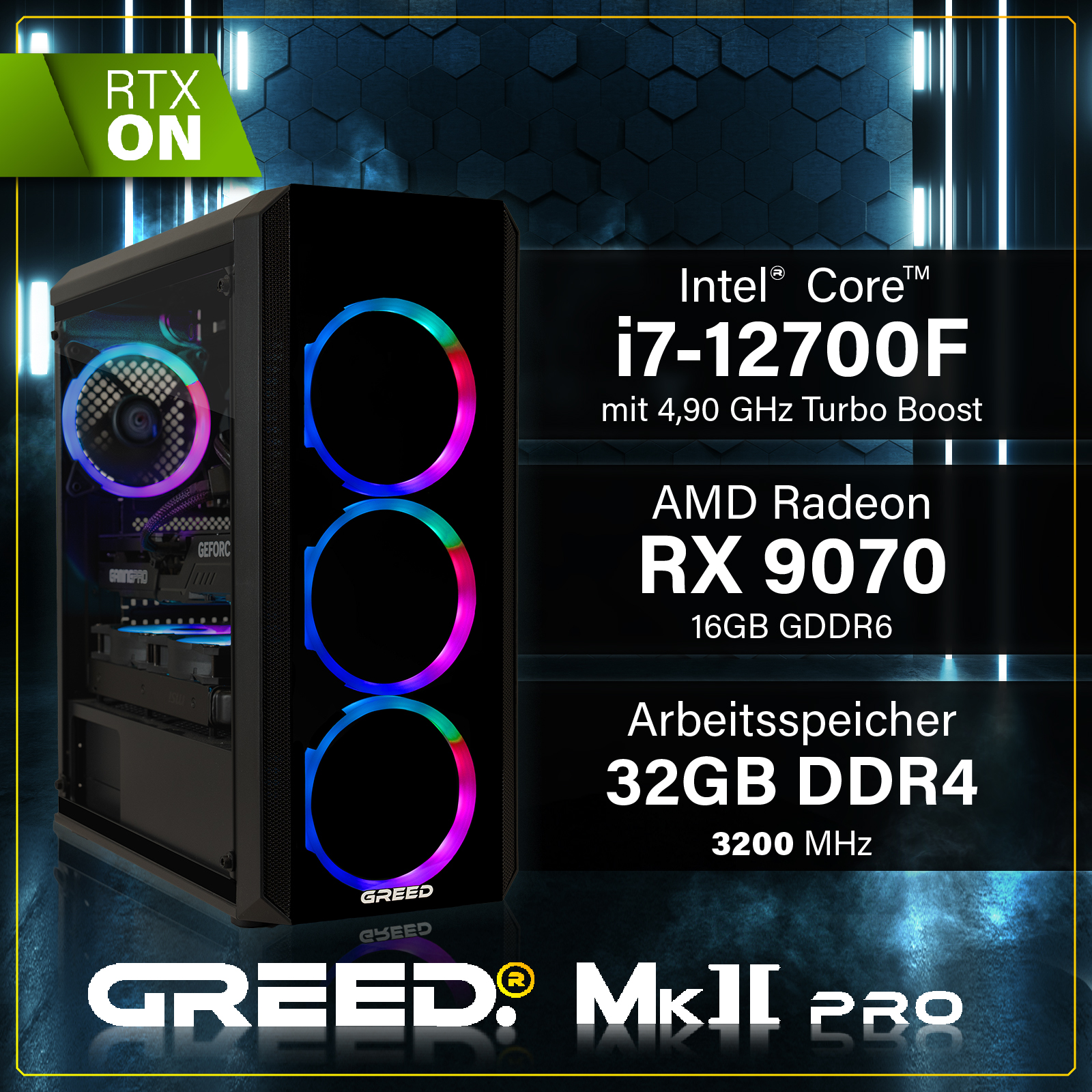 PC da gioco con ventole RGB, Intel i7, RX 9070 e 32GB RAM su sfondo blu.