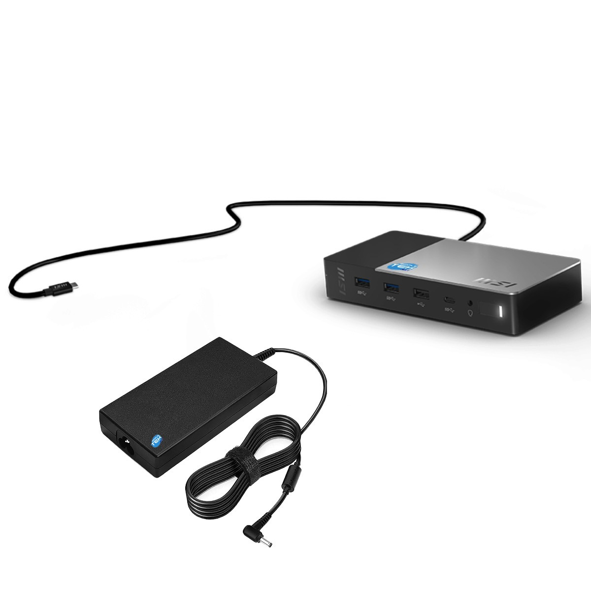 Una docking station nera e argento con cavo di alimentazione collegato e alimentatore separato.