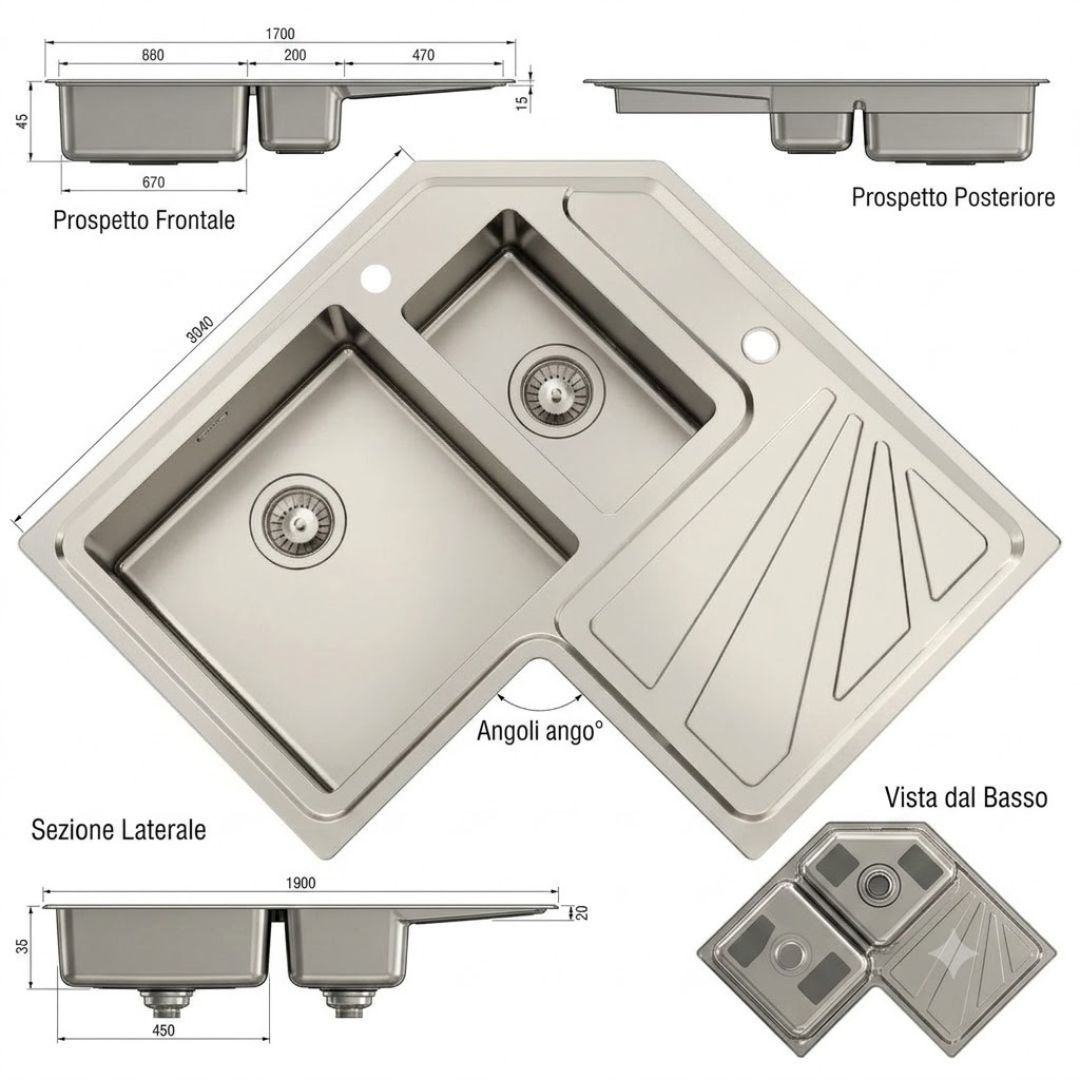 Disegno tecnico e dimensioni di un lavello angolare in acciaio inox con due vasche e gocciolatoio.