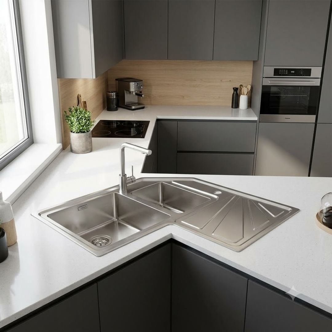 Cucina moderna con mobili grigi, ripiani bianchi e un lavello angolare in acciaio inox.