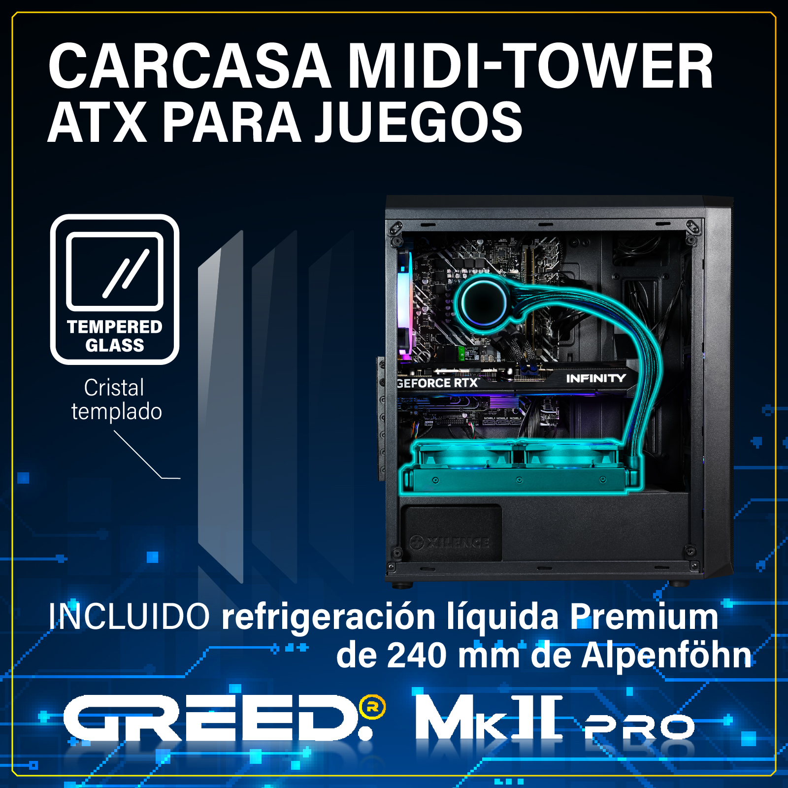 Una caja de PC gaming ATX midi-tower con cristal templado y refrigeración líquida prémium.