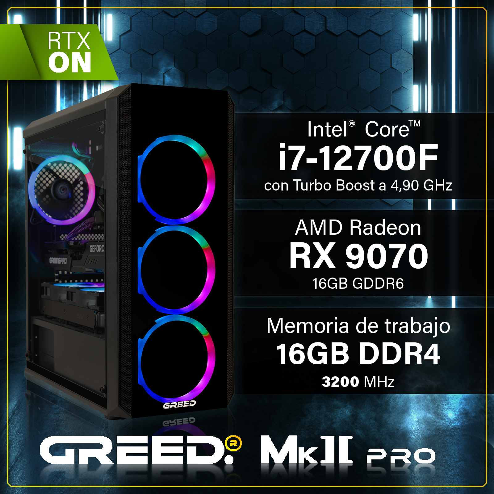 PC de juegos negro con ventiladores RGB, mostrando especificaciones de Intel Core i7, AMD Radeon RX 9070 y 16GB DDR4.