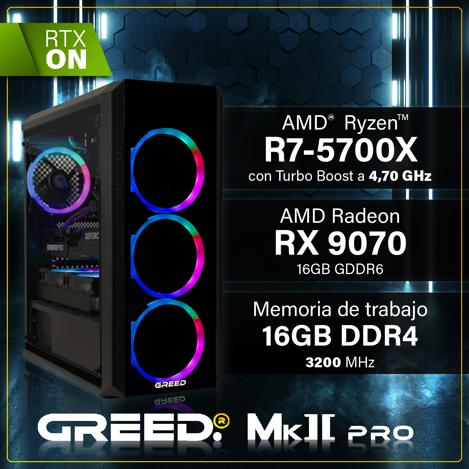 Un PC gaming negro Greed MkII Pro con ventiladores RGB y texto que detalla sus especificaciones AMD Ryzen, Radeon y 16GB de RAM.