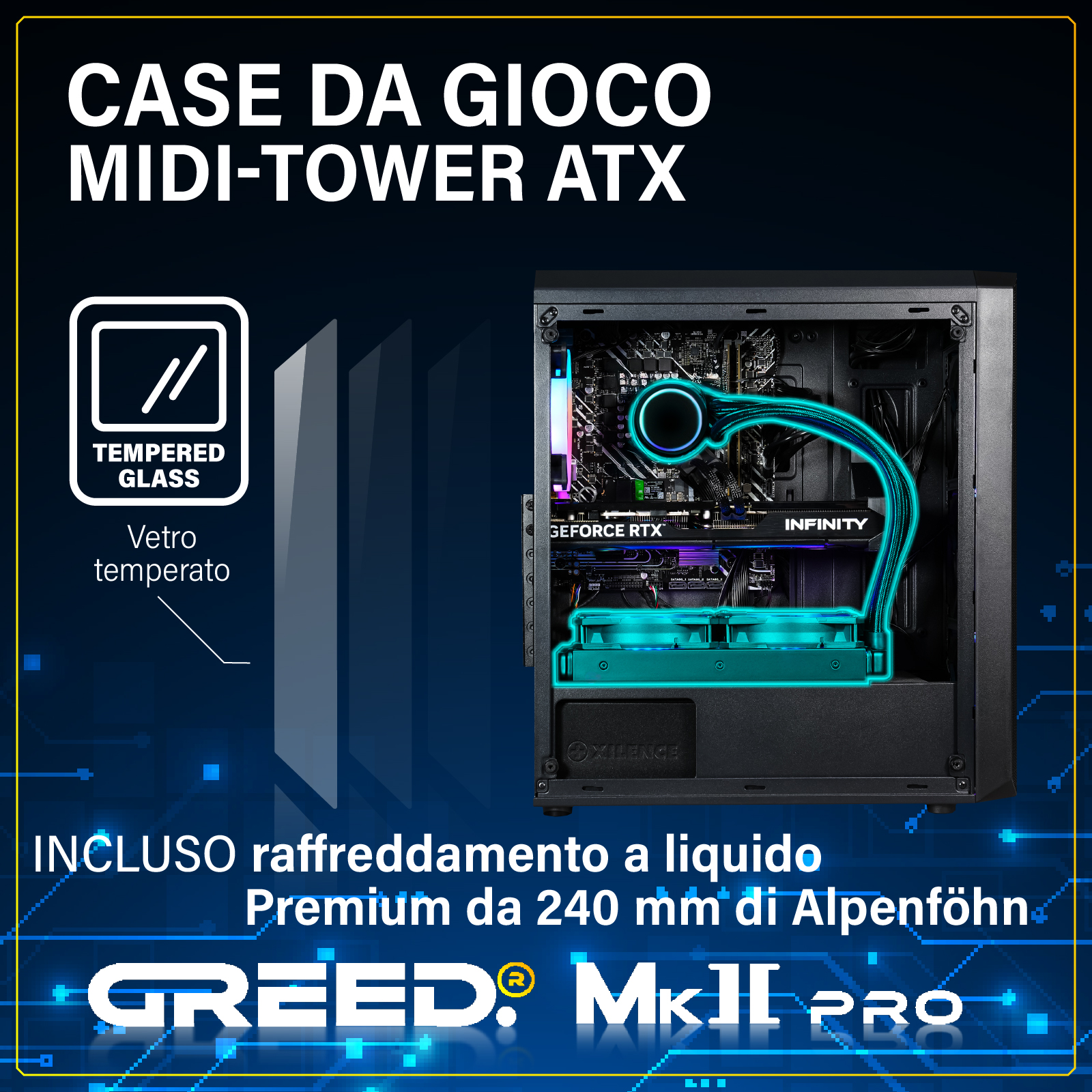 Case per PC con vetro temperato e raffreddamento a liquido integrato su sfondo blu.
