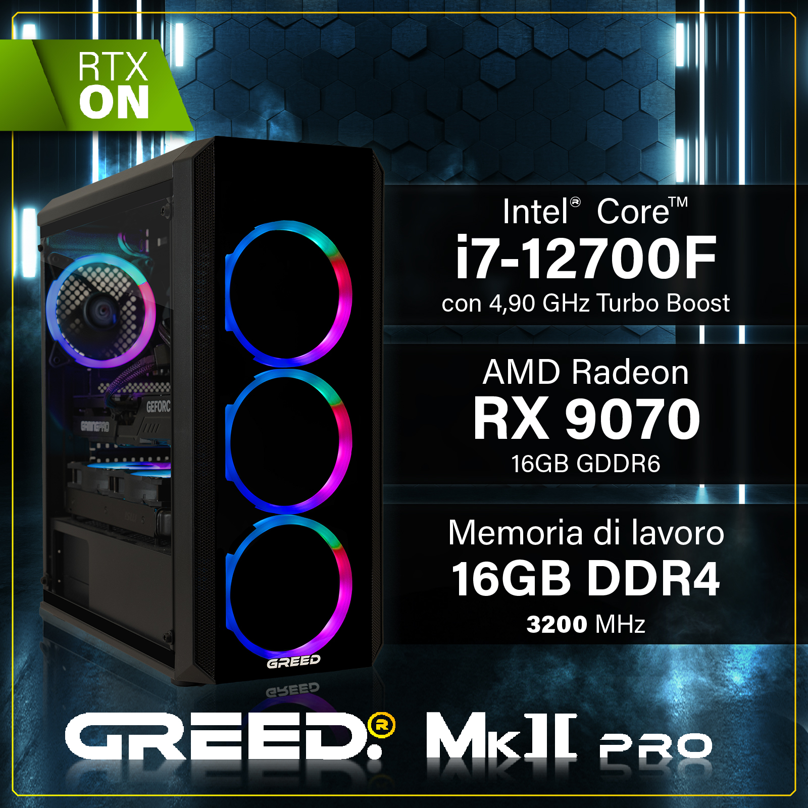 PC da gioco con ventole RGB e specifiche come i7-12700F, RX 9070 e 16GB di RAM.