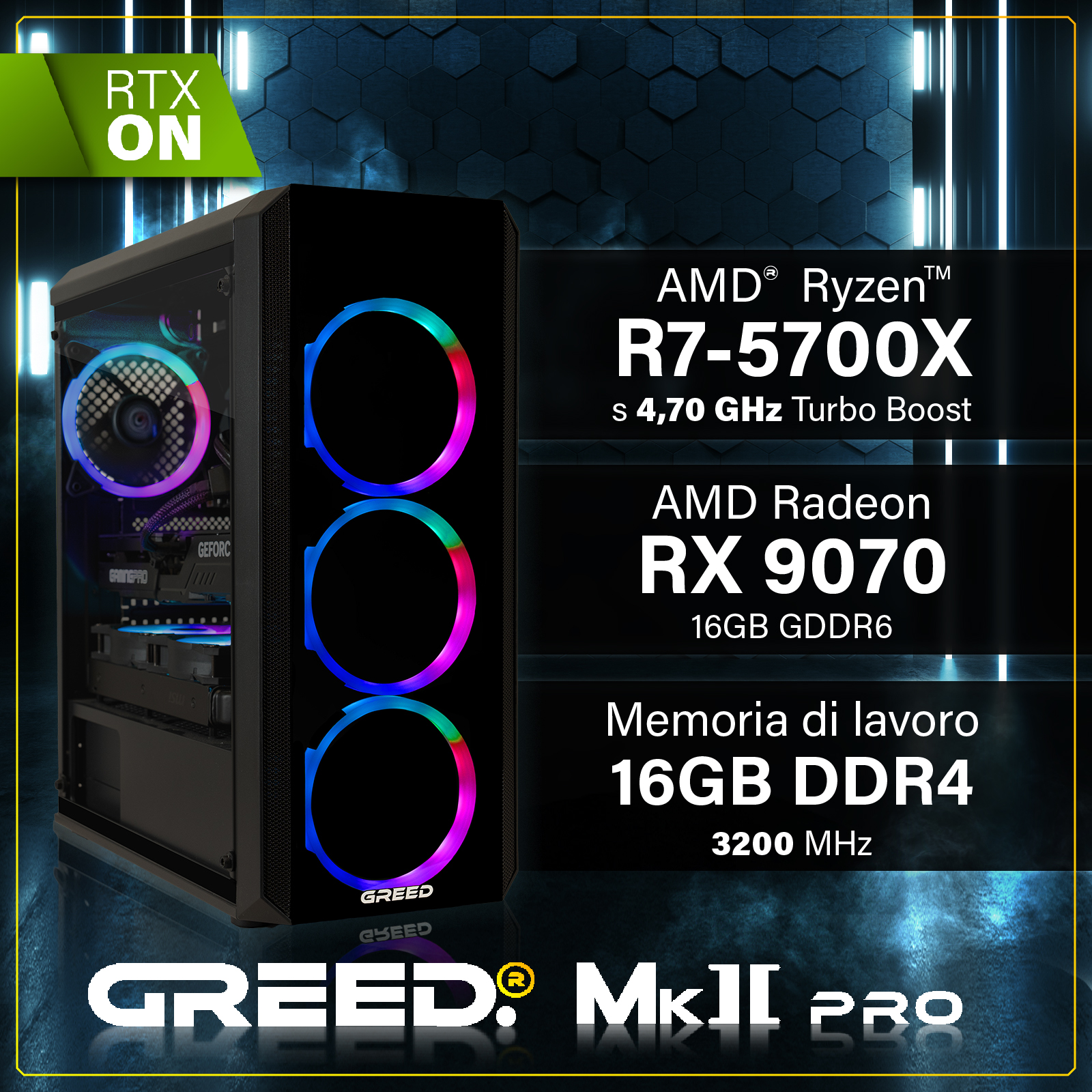 PC da gaming con ventole RGB, AMD Ryzen R7-5700X, Radeon RX 9070 e 16GB di RAM DDR4 su sfondo scuro.