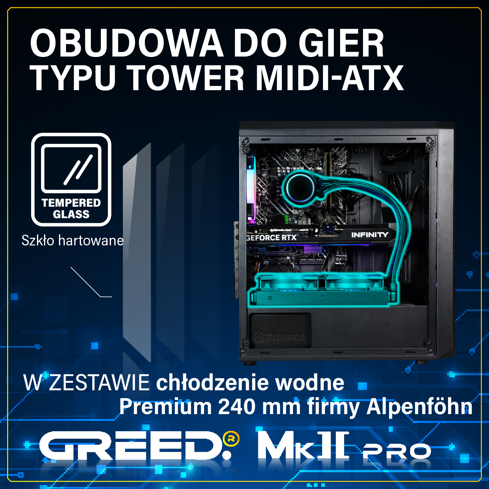Obudowa do gier Midi-ATX ze szkłem hartowanym i niebieskim chłodzeniem wodnym.