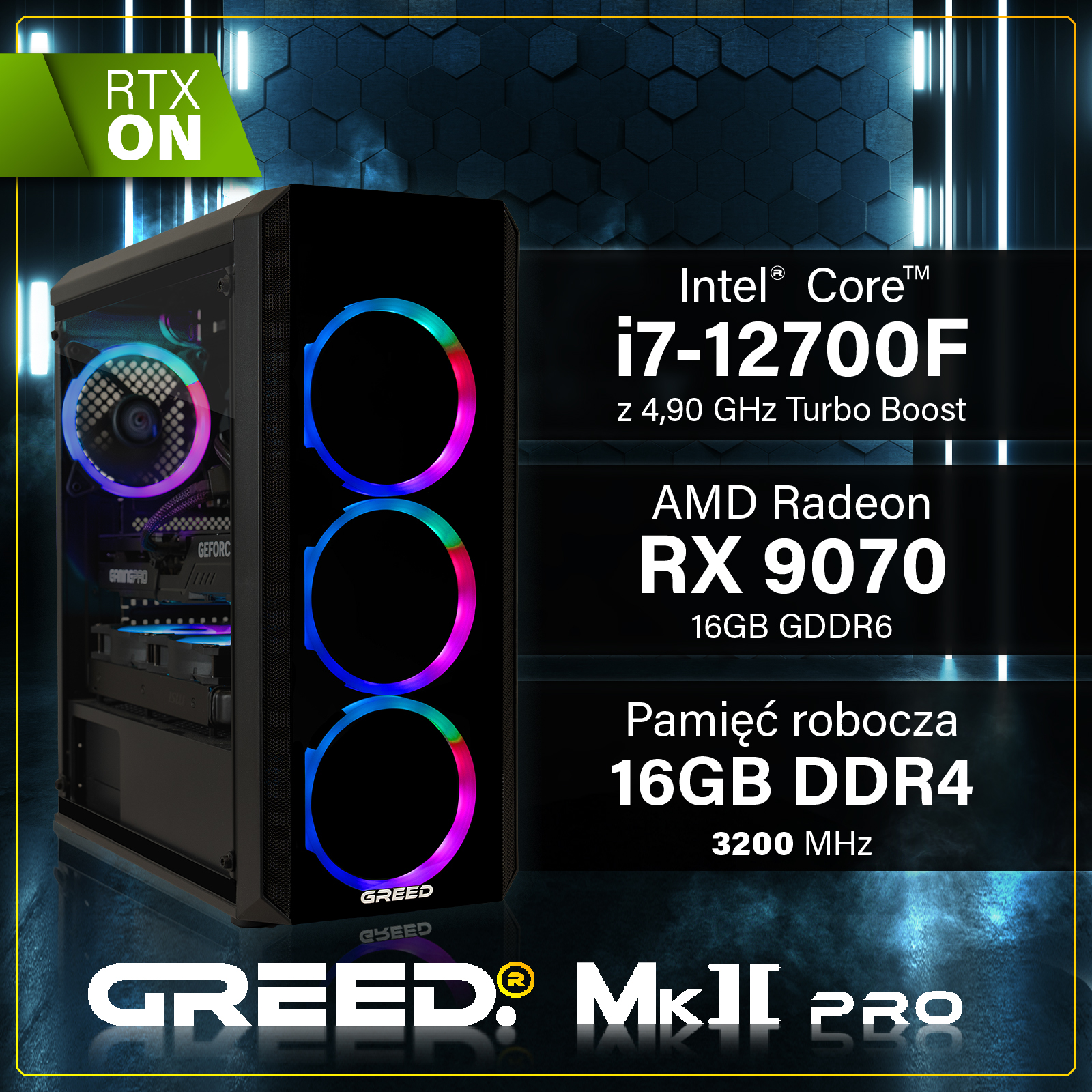 Komputer gamingowy z wentylatorami RGB, procesorem Intel i7 i kartą graficzną AMD Radeon RX 9070 na niebieskim tle.