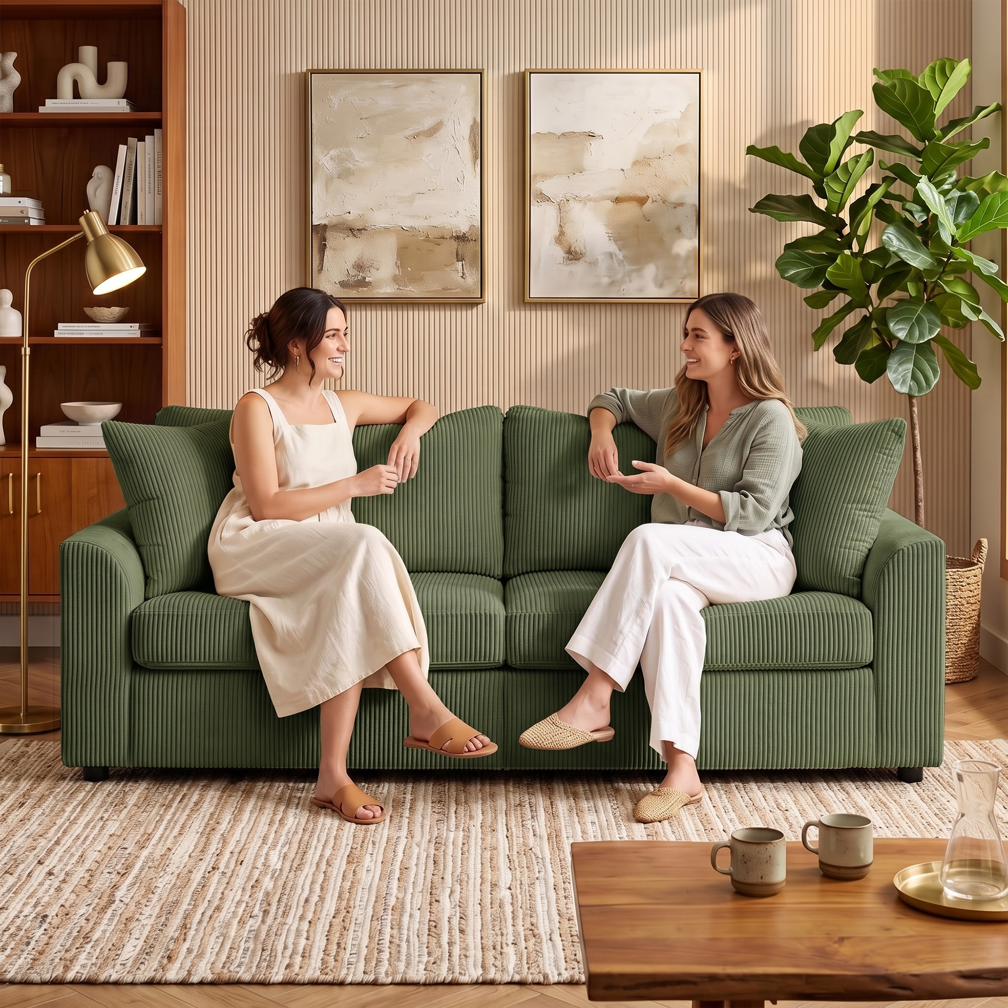 Dos mujeres se sientan en un sofá verde charlando en una sala de estar luminosa y elegantemente decorada.