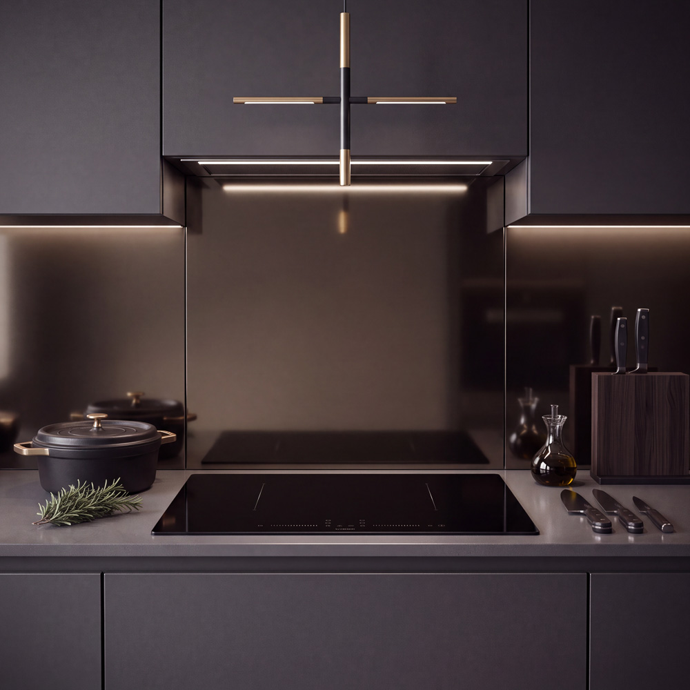Moderne zwarte keuken met inductiekookplaat, pan, mesjesset en kruidentakje.